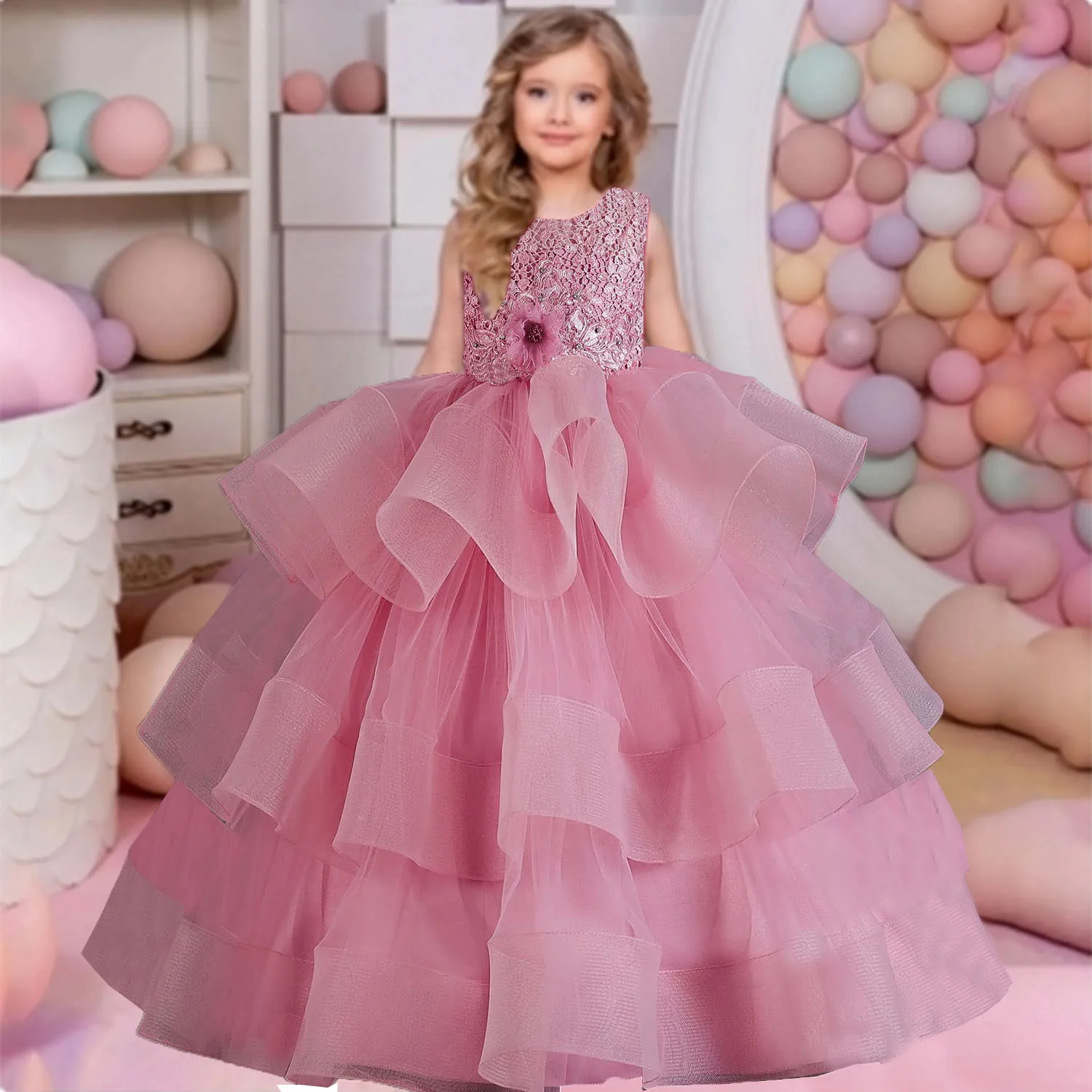 

Little Big Girls Lace Appliqed Wedding Flower Girl Birthday Party Pageant Formal Puffy Gown AC109