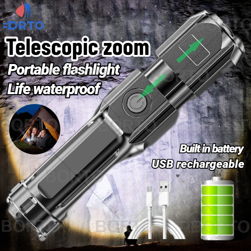 

ABS Strong LED Portable Flashlight Outdoor Camping Night Fishing Lantern Flstar Fire USB Rechargeable Telescopic Zoom Torch