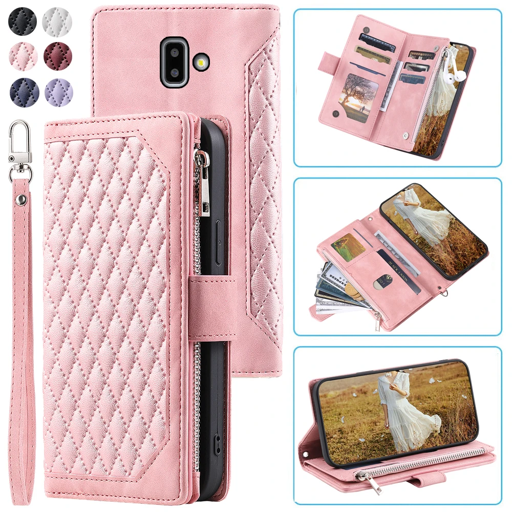 

Fashion Zipper Wallet Case For Samsung J6+ J6 Plus Flip Cover Multi Card Slots Cover Phone Case Card Slot Folio with Wrist Strap