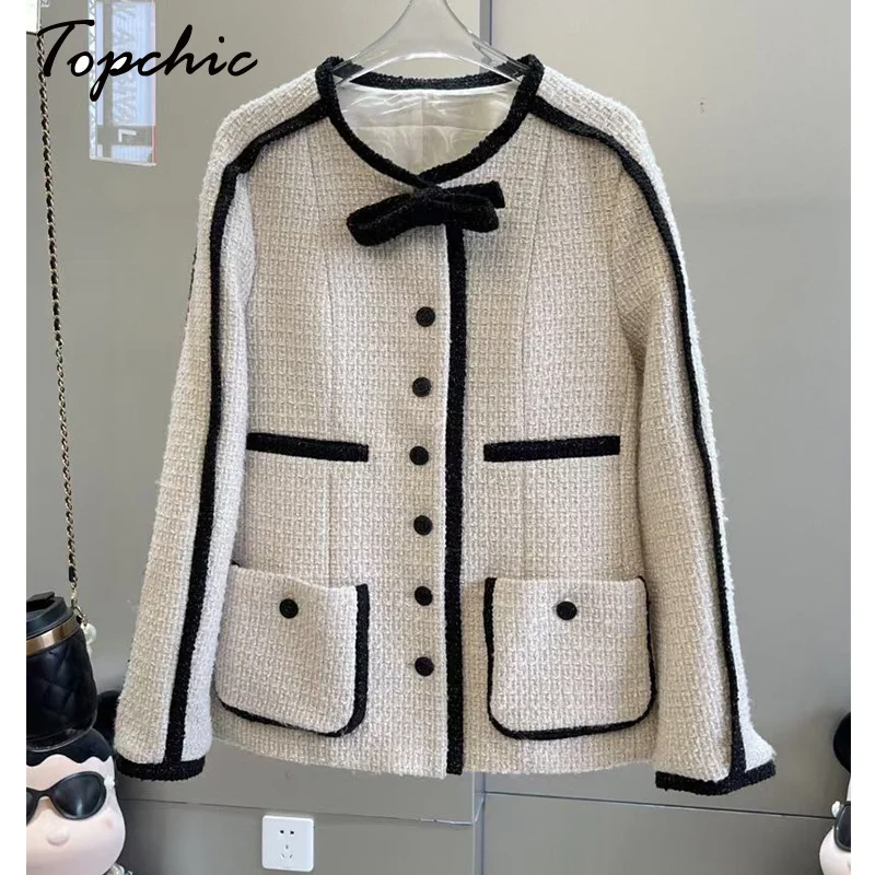 

Brand Chic Female Elegant Bow Tweed Basic Jacket 2023 Luxury Designers Clothing Women Korean Fashion Wool Coat Outerwears