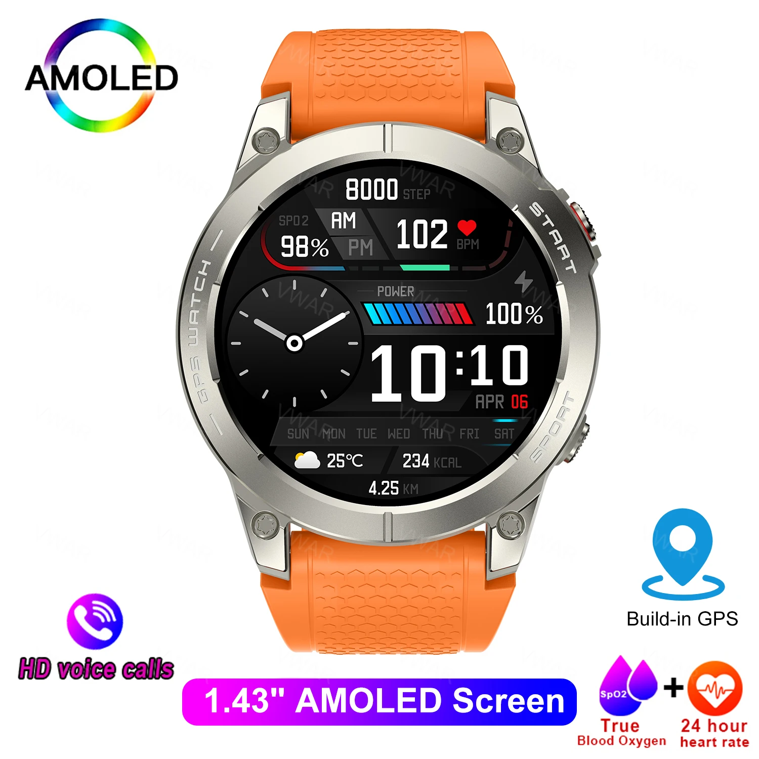 

VWAR Stratos 3 GPS Smart Watch AMOLED Always-On Retina Display Bluetooth Call IP68 5ATM Waterproof Smartwatch Fitness Tracker