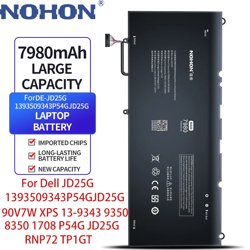 

NOHON For Dell De JD25G 1393509343P54GJD25G 90V7W XPS 13-9343 9350 8350 1708 P54G JD25G RNP72 TP1GT 7980mAh Laptop Battery