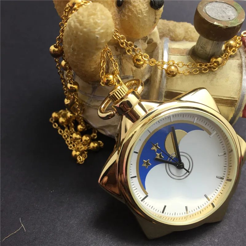 Moon Star Crystal Pocket Watch Yellow Vintage Pendant Necklace Clock Chain Gifts For Mens Women