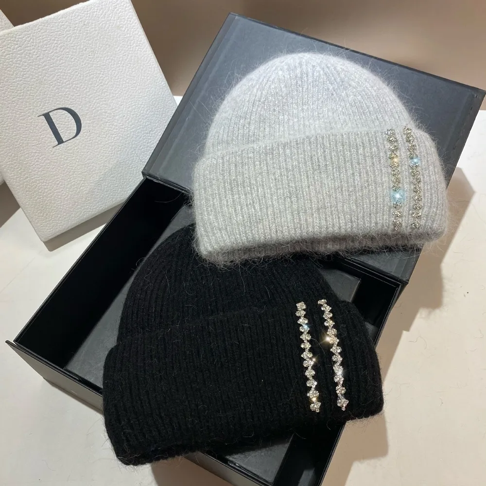

Winter Warm Real Rabbit FurCap Stylish Hip Hop Y2k Slouchy Skull Cap Rhinestones Letter Knit Beanie