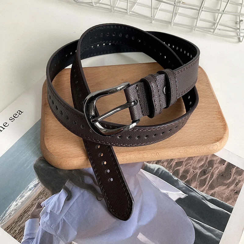 Women's Korean-style Fashionable Simple Retro Decorative Denim Jeans Belt Black Student Hole-free Ins-style Leather Belt