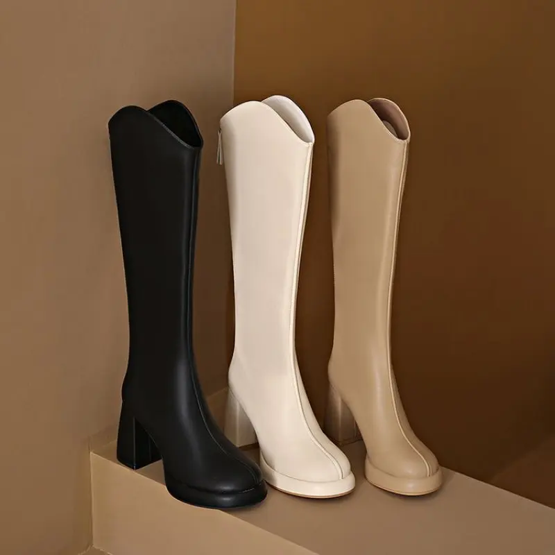 2024 New Woman Knee High Boots Fashion Zippers Ladies Elegant Square High Heel Long Boots Shoes Winter Women's Boots Plus Size