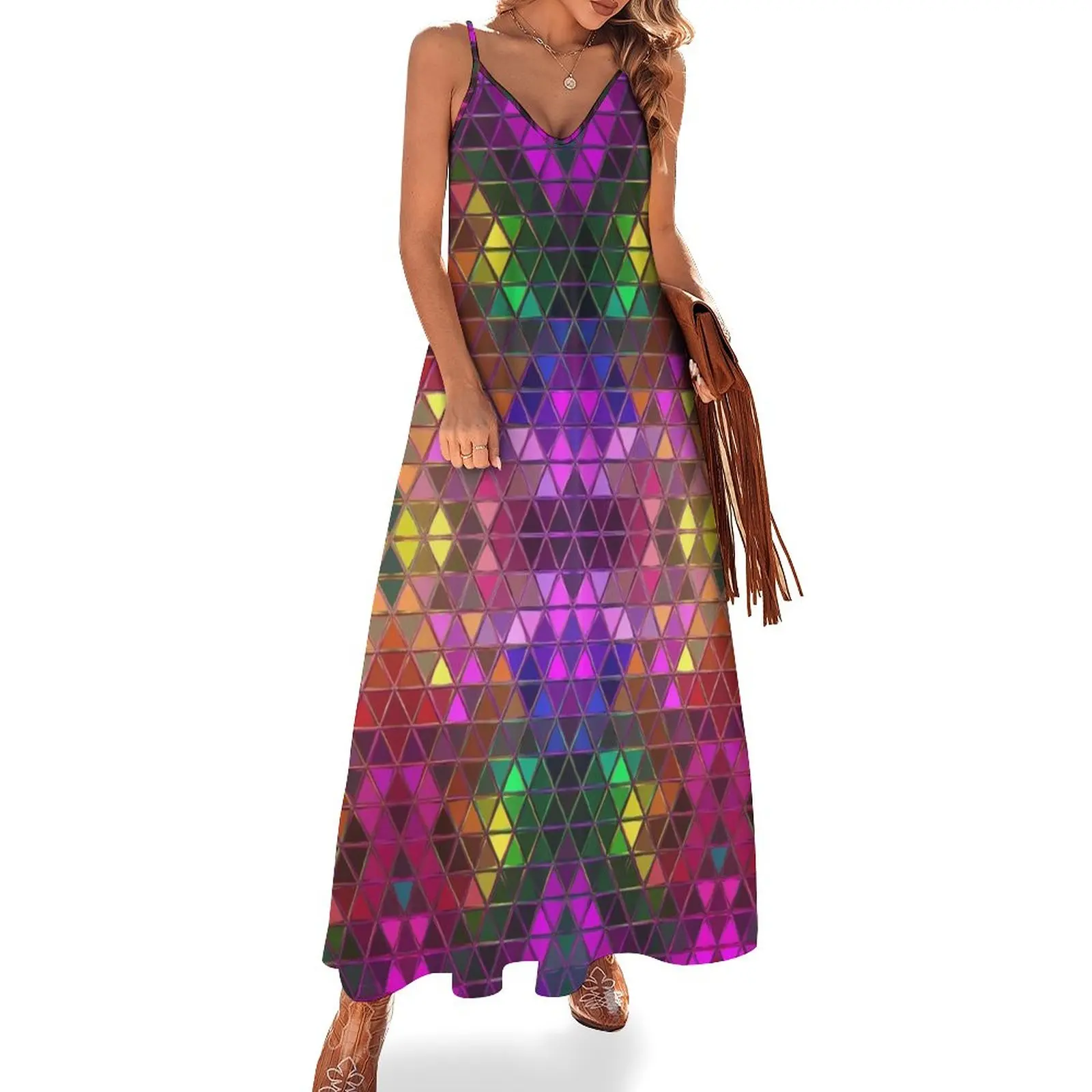 

New Glowing Triangles Mosaic Pattern Sleeveless Dress fairy dress luxury woman evening dress