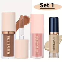 Ensemble de maquillage facial imperméable longue durée, 3 pièces/ensemble, blush + contouring + fond de teint, texture fine, couvre les imperfections, améliore les contours 5