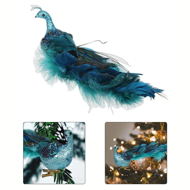 1pc Christmas Ornament Bird Figurine Artificial Peacock Long Tail Feathers  Birds DIY Party Crafts Ornament Home Garden Decor