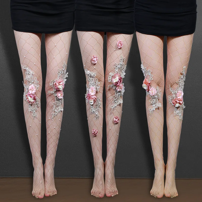 

Women Pantyhose Handmade Embroidery Pink Flower Sexy Style Fishnet Mesh Stockings Elegant Senior Pantyhose Tights