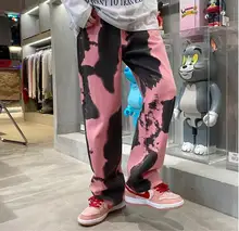

Men's Tie-Dye Straight-leg Jeans Middle-Waist Baggy Loose Denim Pants Spring Autumn Male Hip Hop Pants Denim Trousers Streetwear