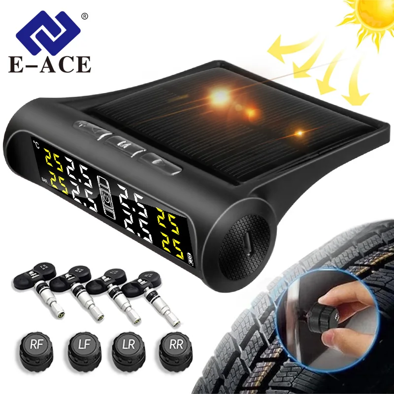 

E-ACE Solar TPMS Car Tire Pressure Monitoring Auto Smart System Security Alarm USB Charging 4 Sensor Vehicles Diagnostic Tools