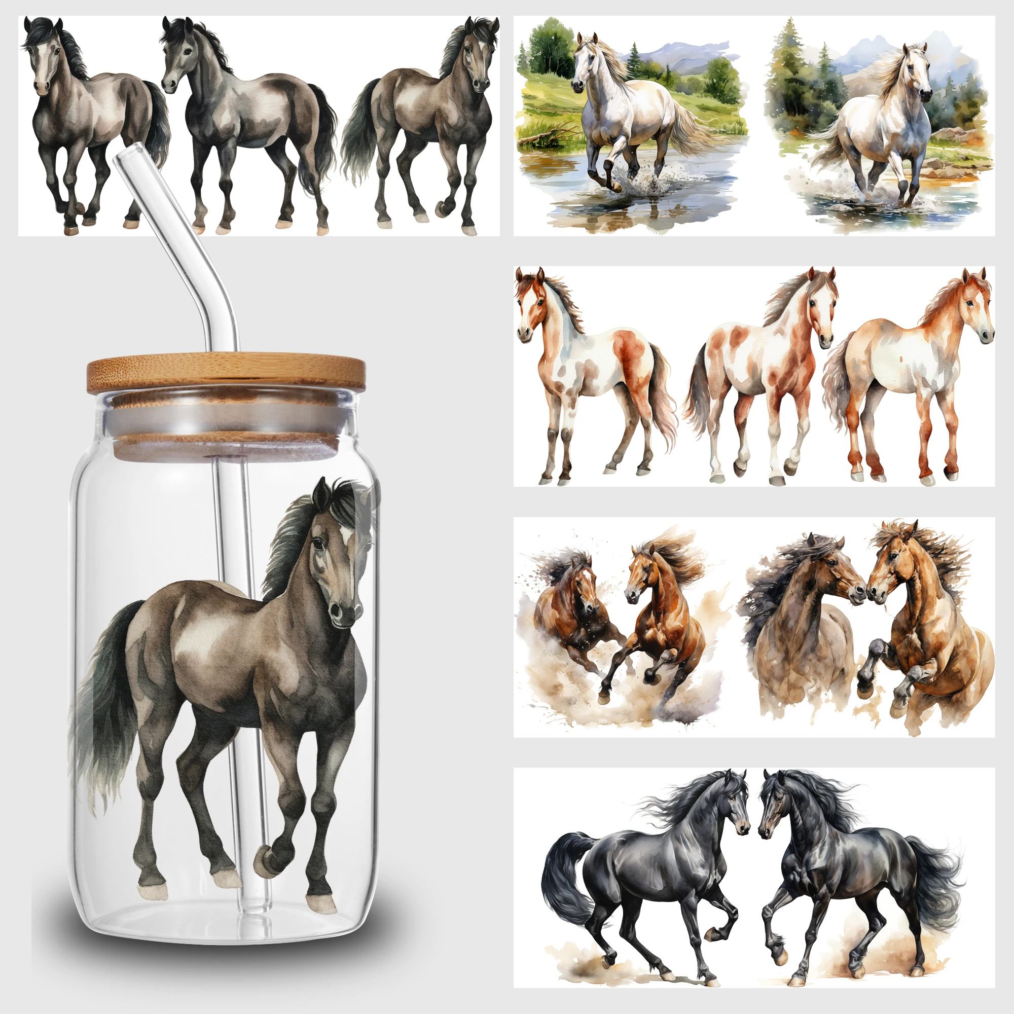5 Sheets horse UV DTF Cup Stickers for Glass DTF Transfer Stickers Waterproof Friction Transfers for 16oz Glass Mugs Crafts 3d stickers 3d wall stickers uv dtf wrap transfer