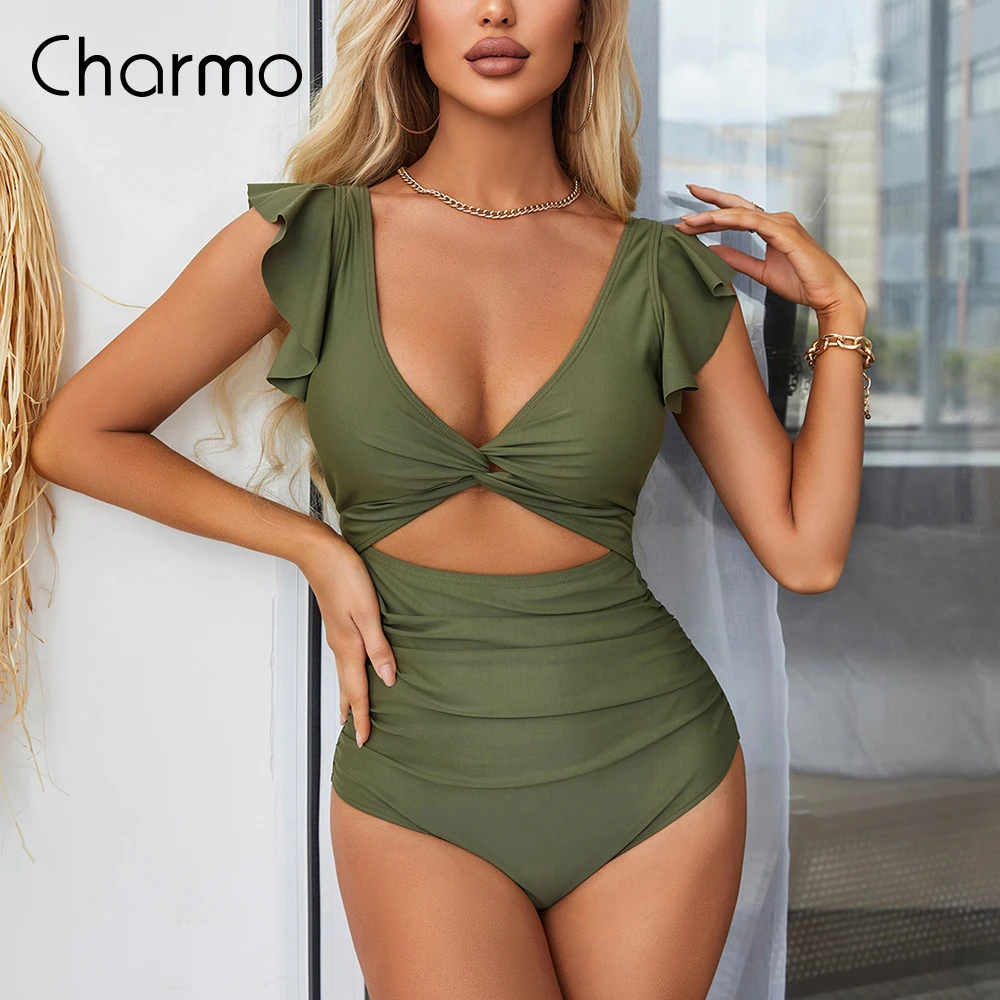 

Charmo Ruffle One Piece Swimsuits for Women V Neck Ruched Monokini Bathing Suits