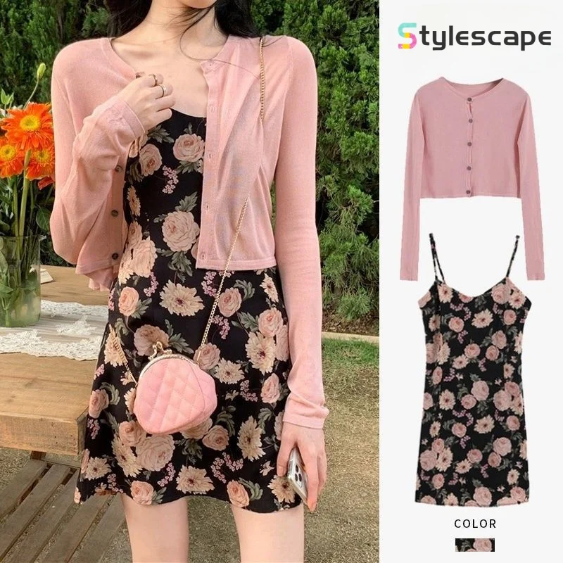 

2024 Summer New Large Women's French Floral Camisole Dress Pink Cardigan Two-piece Set Western Style Set Dress Sets