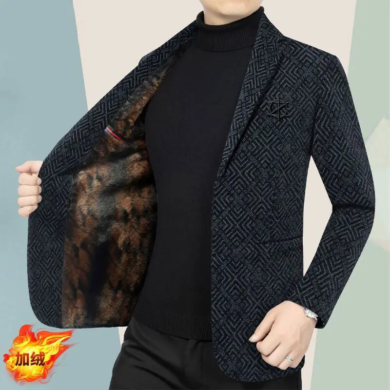 High End Winter Add Velvet Warm Suit Jacket for Men Solid Color Slim Business Casual Social Blazers Office Wedding Men Clothing