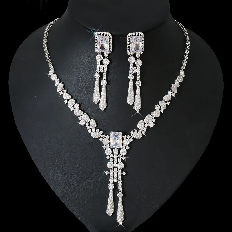 

Fashion African CZ Pave Long Tassel Necklace and Earring Set Bridal Wedding Cubic Zirconia Jewelry Sets for Women bijoux N-1322