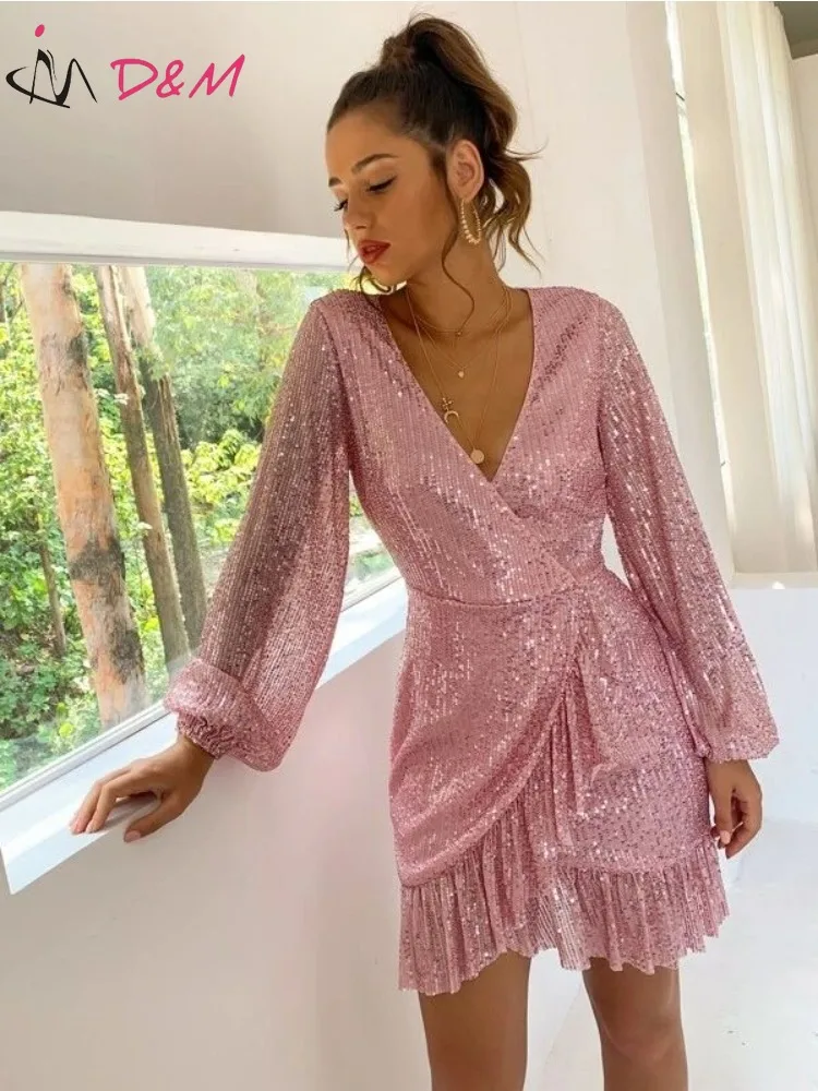 D&M Brand Traf Female Dress Surplice Neck Lantern Sleeve Ruffle Hem Sequin Dress Sexy Women Dresses Vestidos Para Mujer plus size bodycon party dresses slim sexy cloak slit sleeve stylish event night dress for women vestidos elegantes para mujer