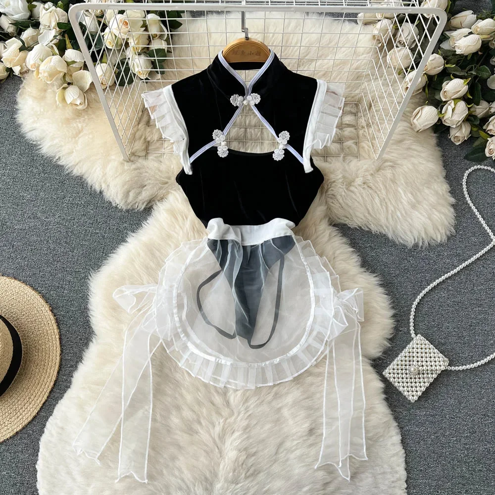 Ruffle Halter Neck Hollow Women's Dress Lace Up Apron Splice Maid Cosplay Uniform Sleeveless Patchwork Sweet Sexy Dress Pajamas