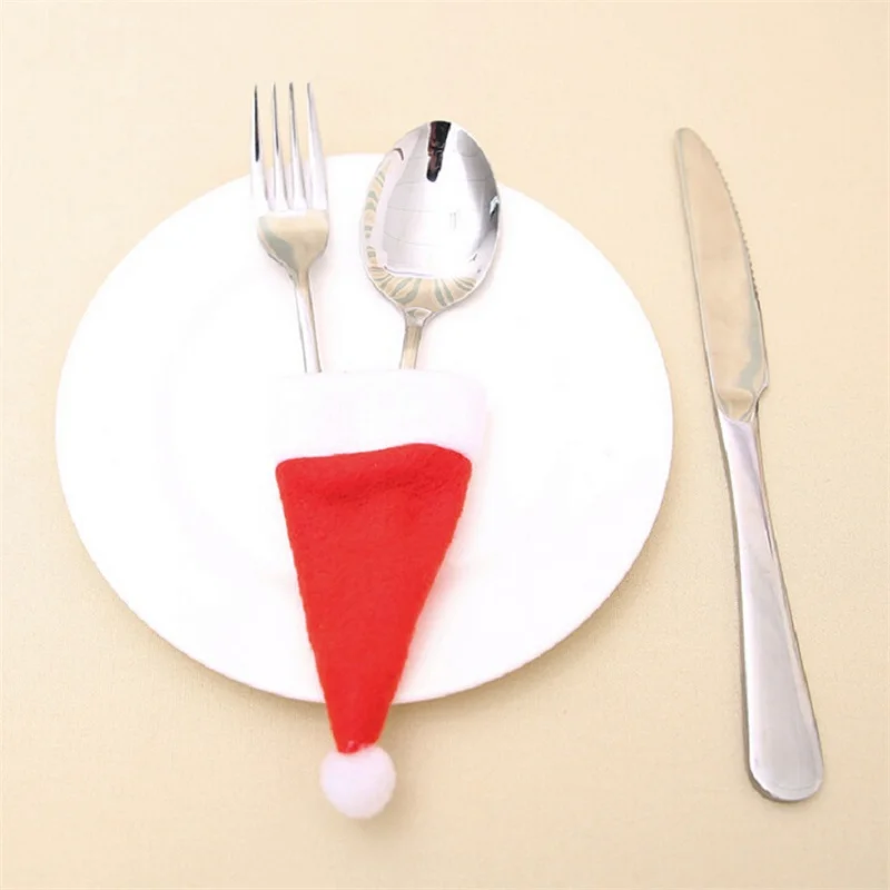 10/5pcs Xmas hat Decorations Kitchen Fork Knife Cutlery Storage Holder Bag Pocket Spoon Bags Dinner Table Decor Ornament navidad
