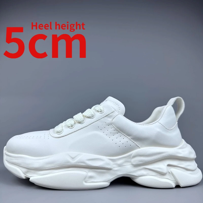 

European Daily Heightening Dad's Shoes for Men Genuine Leather Perforated Breathable Thick Sole Casual Sports White Shoes Men's