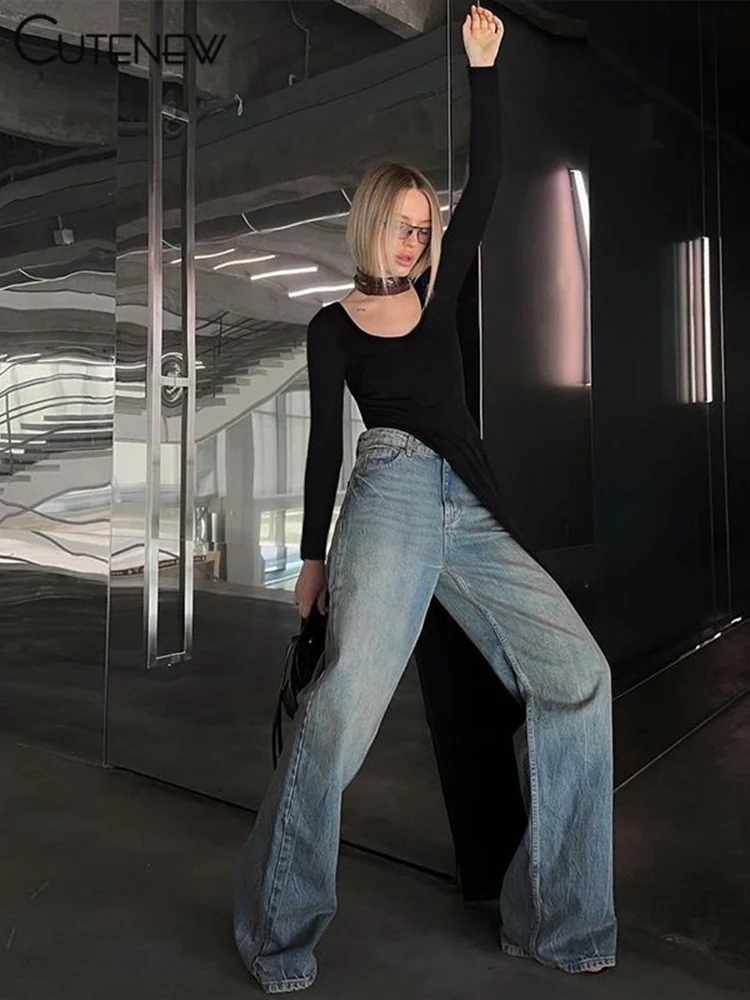 Solid Super Long Tops Women Casual Fashion Full Sleeve Square Neck Splited Skinny Tees Solid Concise Female Classic Wear