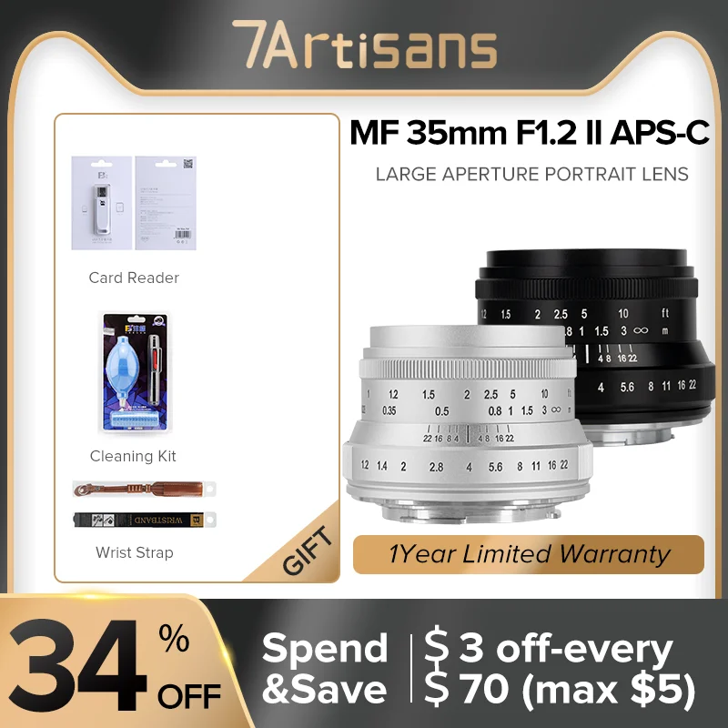 

7artisans 35mm F1.2 II APS-C Large aperture Prime Lens for Micro 4/3 Sony E A6000 A7III Fuji X Canon EF-M Nikon Z Z5