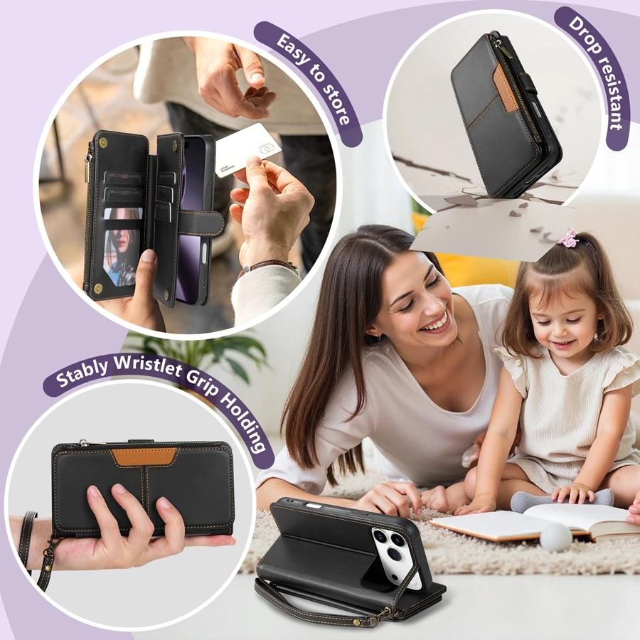 Wallet Multi-card Slot Zipper Kickstand Magnetic Flip Leather Case For iPhone 17 Pro Max 17e Air 16e 15 Plus 14 13 12 11 XR 8 7 3