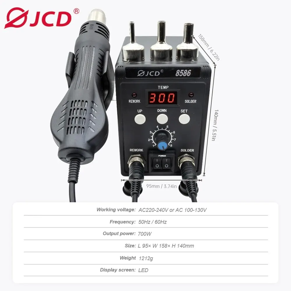 JCD 8586 Soldering Station 2 In 1 Digital ESD Hot Air Blower Heat Gun Welding Solder Iron SMD Desoldering Rework Station Tools 5