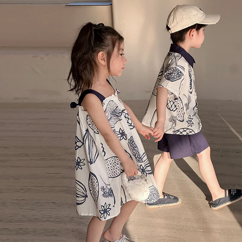 MILANCEL New Summer Kids Clothes Set Boys Cartoon Fruit Shirt+ Solid Color Shorts Girls Suspenders Dress
