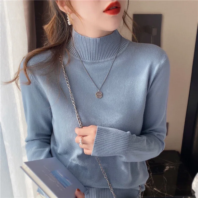 New Semi-turtleneck Women's Sweater Fashion Autumn and Winter Women's Clothing Long-sleeved Casual Knitwear Solid Color Jumper