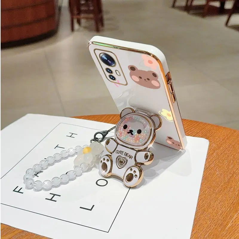 Floral Lanyard Phone Holder Case with Cute Bear and Stand Cover