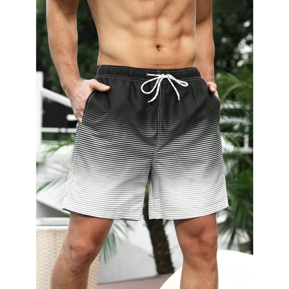 2025 Summer New Hawaii Vacation Beach Shorts Men's Casual Half Pants 3D Printed Striped Gradient Swimming Pants Beach 2