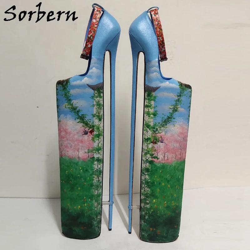 Sorbern 65Cm Hand Drawing Flowers Women Pump Shoes Thin High Heels Female Drag Queen Pump Shoes Custom Heel Height 20-80cm