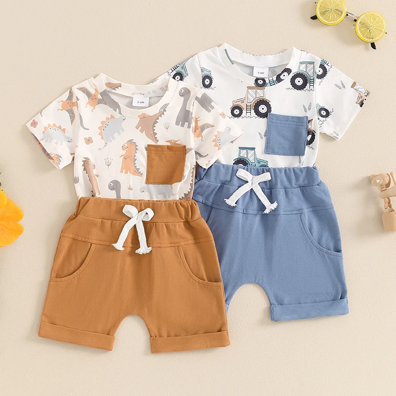 

Летняя одежда Lioraitiin для маленьких мальчиков 2024-04-05, футболки с принтом динозавра/машинки, топ с коротким рукавом, шорты с эластичным поясом, комплект одежды