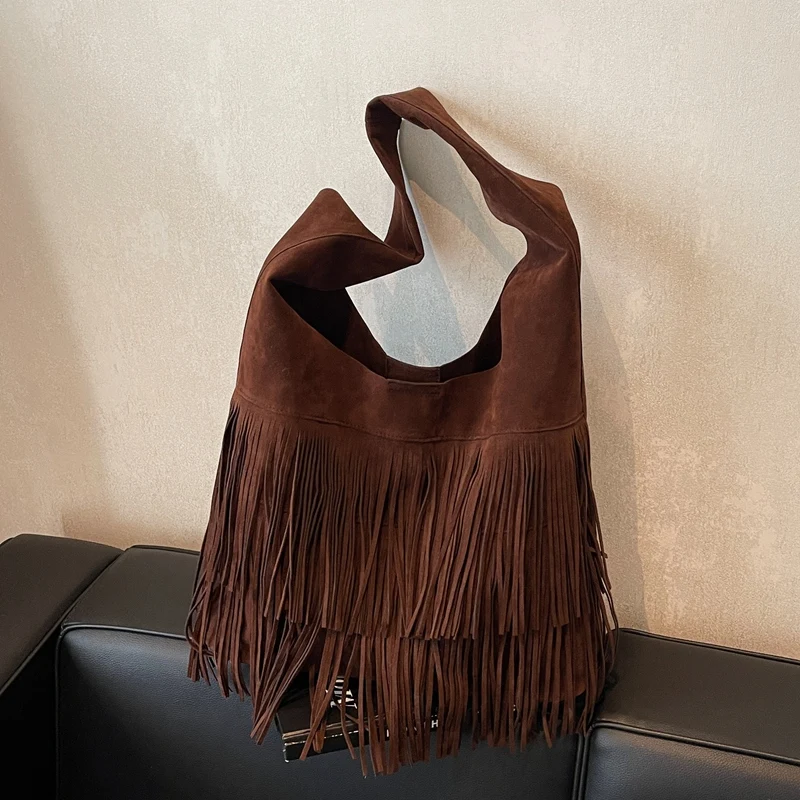 Women Frosted Tassel Shoulder Bag Faux Suede Travel Tote Handbag Large Capacity Vintage Tote Bag Female Shopping Bag