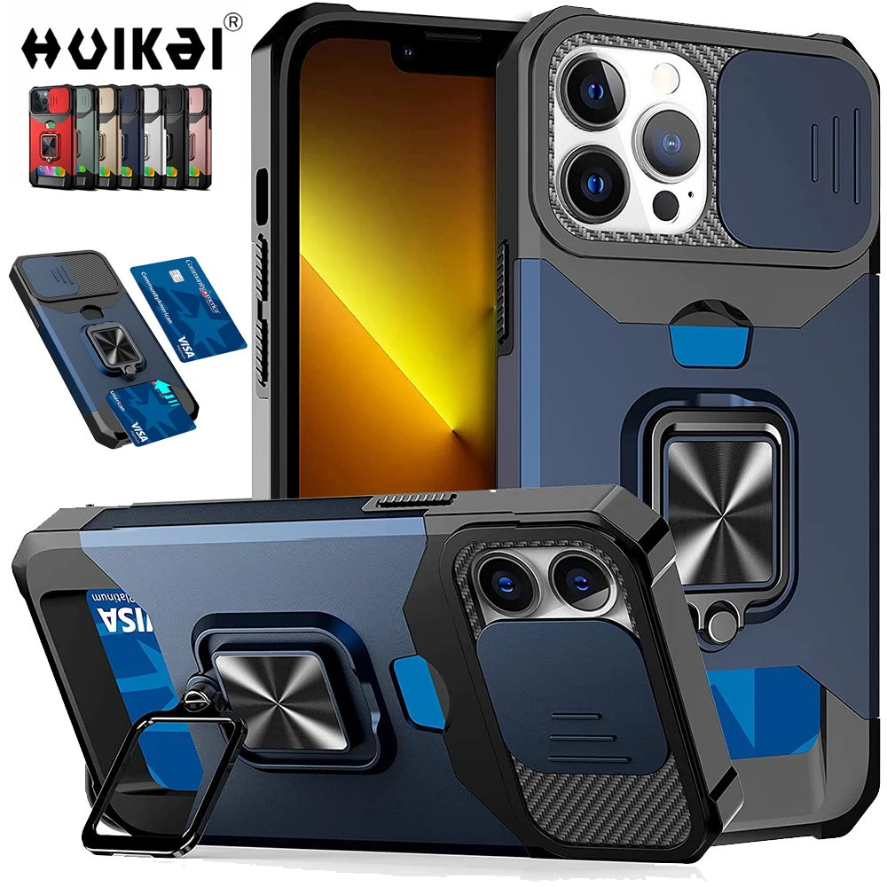 Case For iPhone 14 13 12 11 Pro Max XS SE 8 Slide Camera Kickstand Card Holder Slot Heavy Duty Protective With Ring Stan_voghion.com