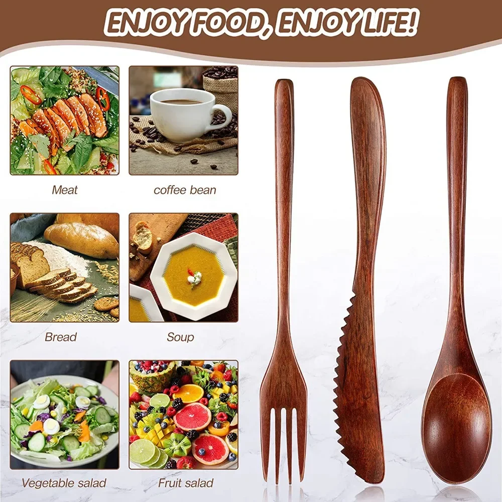 Wooden Cutlery Set Spoon Fork Cutter Reusable Flatware Portable Dinnerware Tableware Student Lunch Supplies