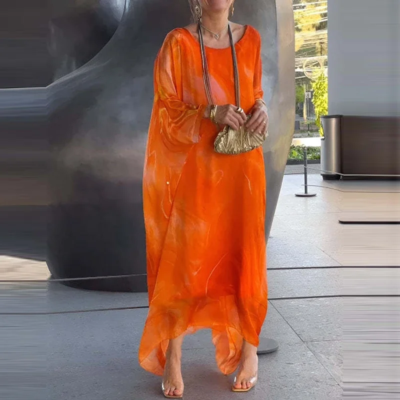

Elegant Texture Print Commuting Dress Women Spring Round Neck Long Chiffon Dresses Summer Batwing Sleeve Loose Boho Dress