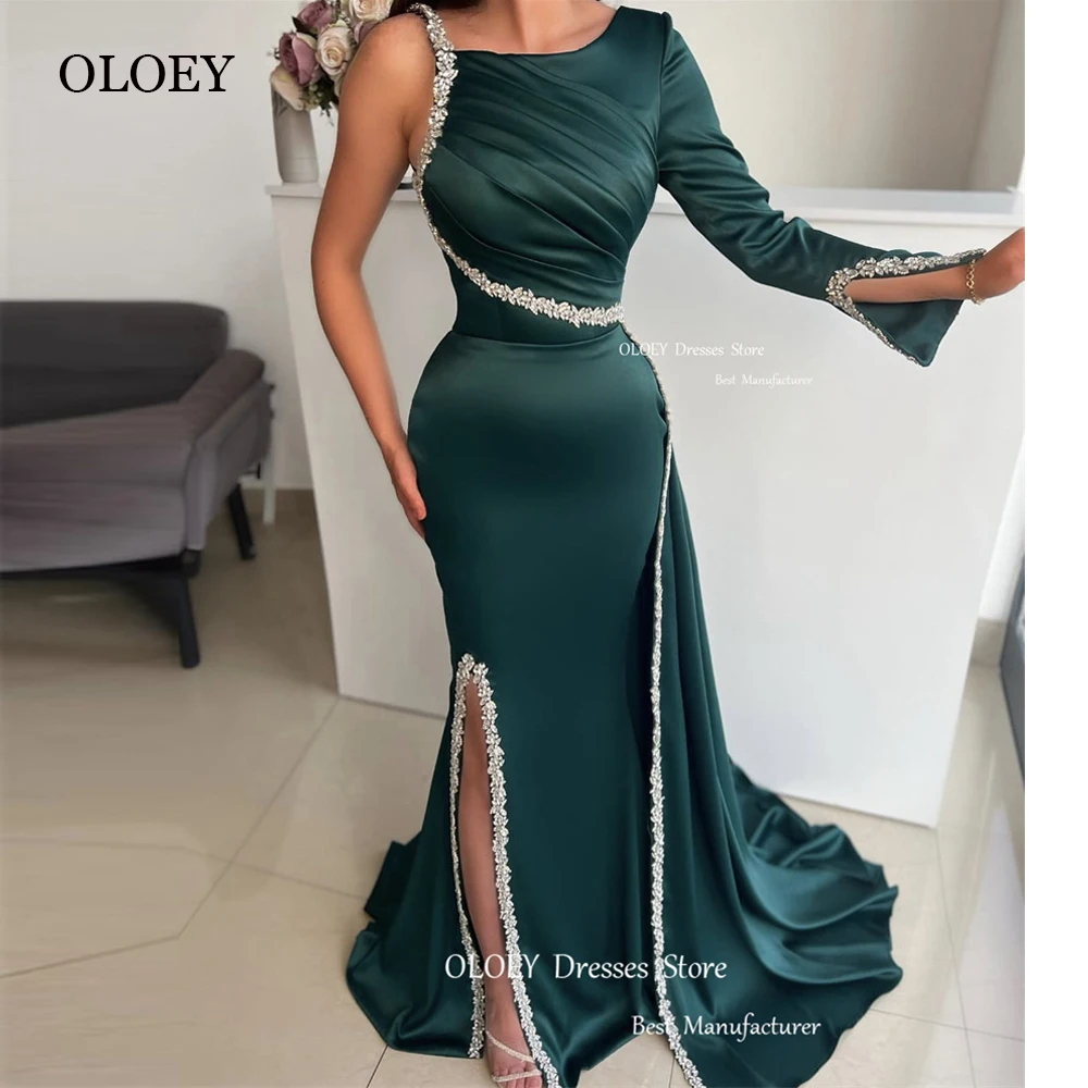 

OLOEY Green Satin Mermaid Prom Dresses For Women Long Sleeve Crystal Split Unique Evening Gownws Formal Party Dress Arabic