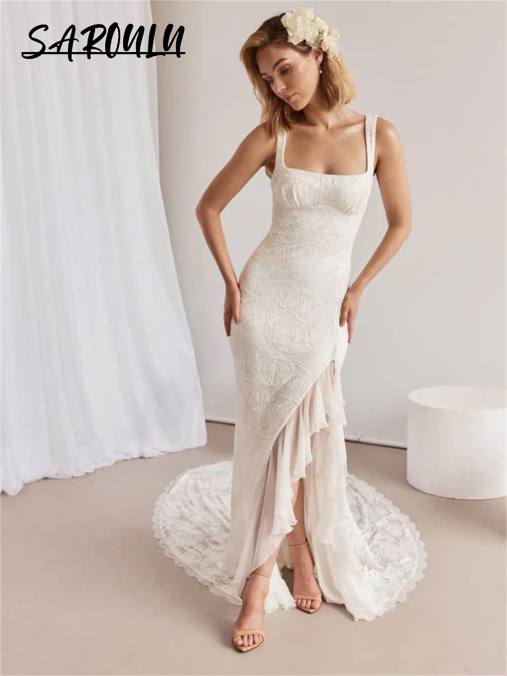 

Elegant Square Neckline Long Wedding Dress Sexy Side Slit Court Train Lace Bride Dress Backless Chic Bridal Gown Robe De Mariée