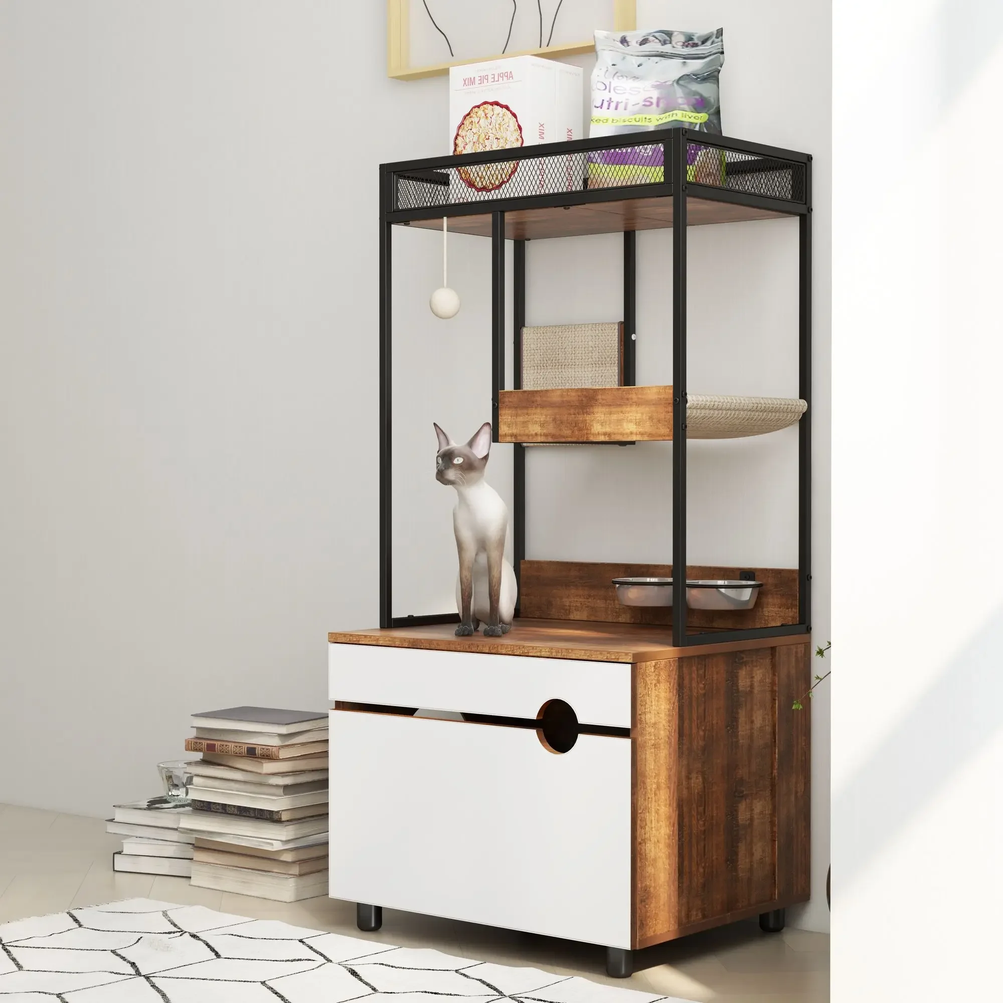 Cat Litter Box Enclosures with Cat Tree Tower, Furniture ,Cat Cabinet