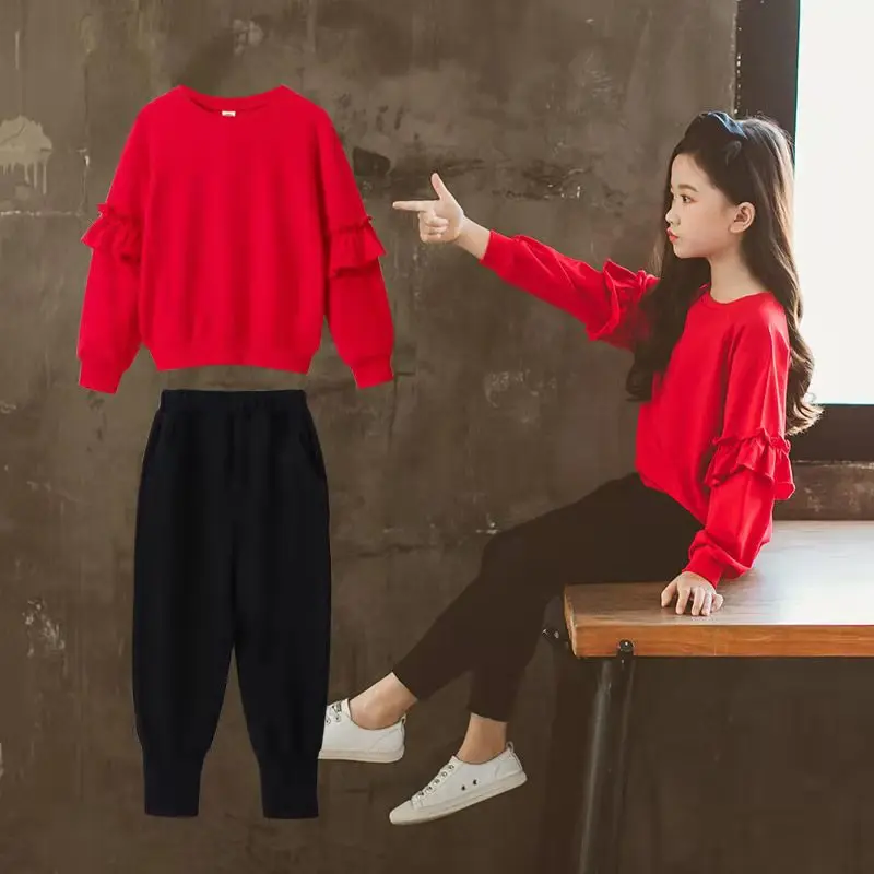 

Kids Clothing Set for Girls Long Sleeve T-shirt +pants 2pc Cotton Casual Outfits Baby Christmas Clothes Red Fall Spring