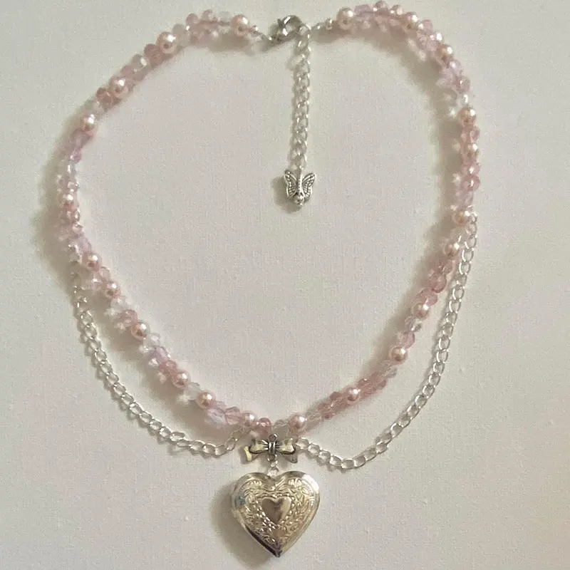 handmade, pearls, pink and white glass beads coquette crystal pendant  necklace