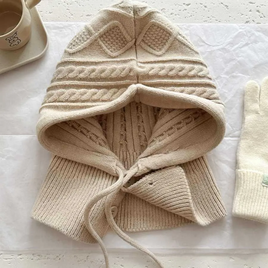 Knitted Balaclava Hat Winter Warm Thicken Imitation Cashmere Scarf Set Shawl Pullover Hat Accessories For Women Girl 4