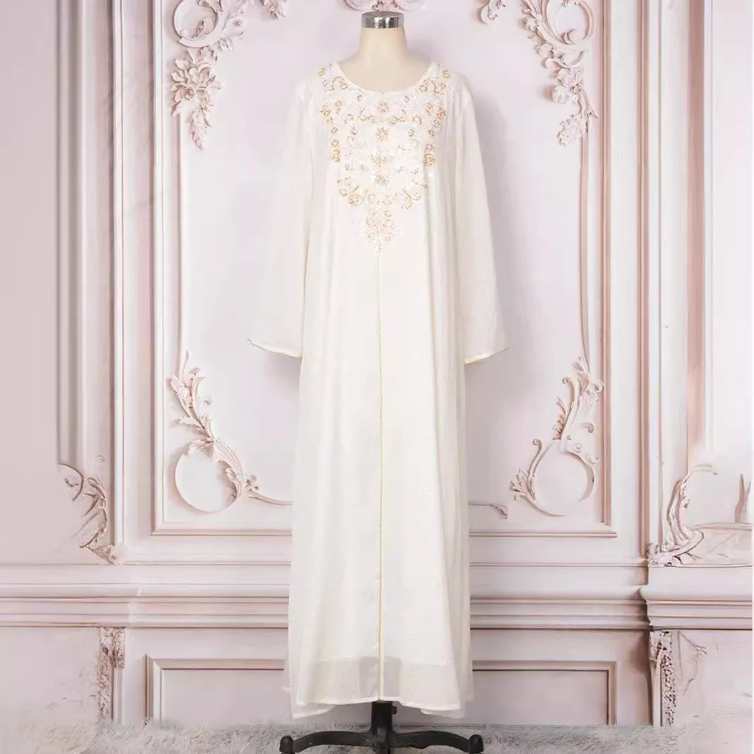 

Women's Muslim 2024 Summer New Dress White Beaded Long Sleeve Round Neck Fashion Casual Temperament Elegant Loose Swing Robe