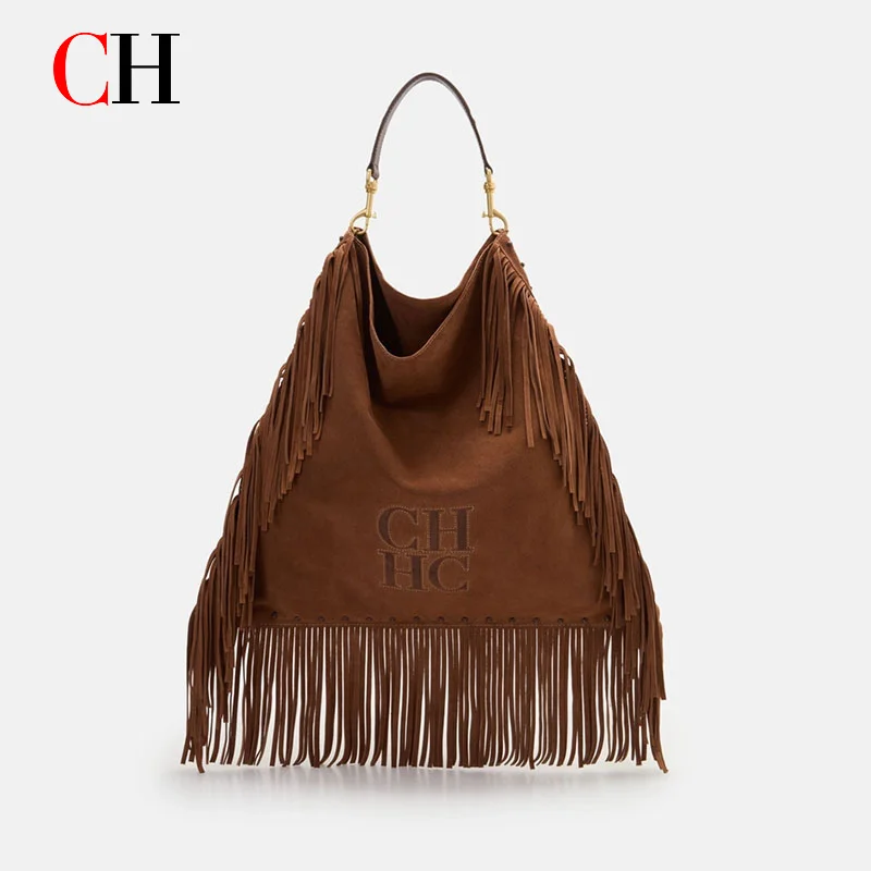 Borsa Hobo Vintage CH in Pelle Scamosciata con Frange per Donne, Borsa a Spalla con Lettere in Rilievo e Grandi Nappe, Borsa da Viaggio Quotidiana - immagine 3