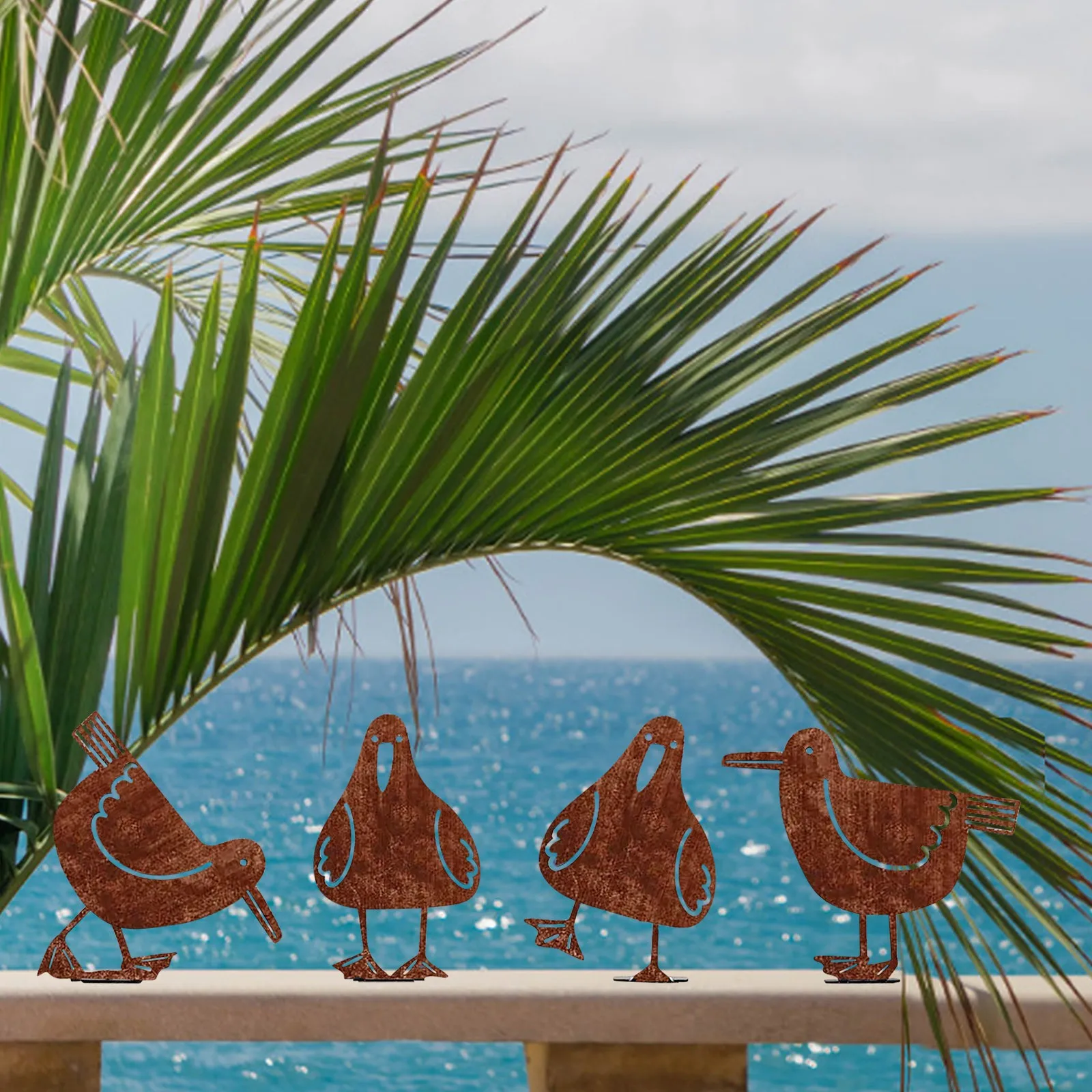 Bouchon de jardin ornemental de rouille, 4 oiseaux en métal avec vis,  oiseaux Décoration de silhouette de jardin, ornement de jardin en métal