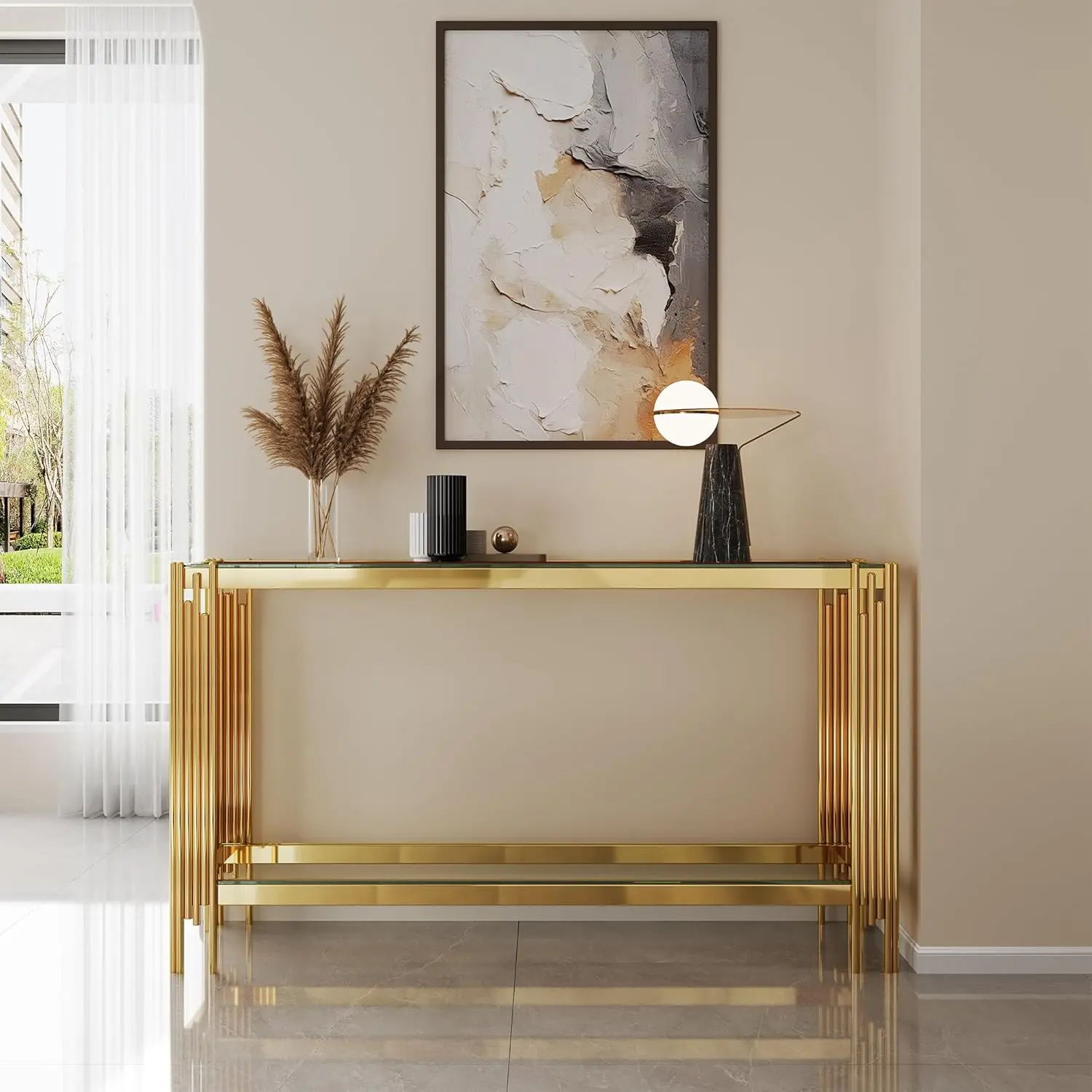 Clear Glass Console Table with Gold Stainless Steel Frame, 55" Entryway Table Modern Accent Sofa  Elegant Hallway e
