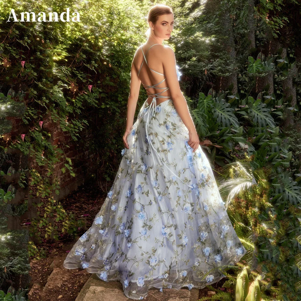 

Amanda Gorgeous 3D Flower Vestido De Novia Spaghetti Strap A-line Prom Gown Sexy Side Split Prom Dress Princess فستان سهرة